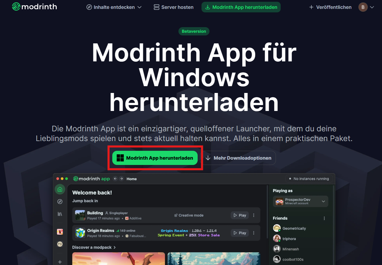 Modrinth Launcher Download-Seite